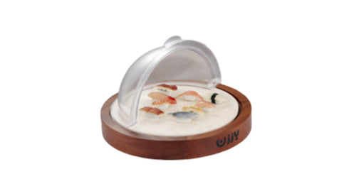 ROUND WOOD DISPLAY TRAY MARBLE BASE & DOMED PLASTIC COVER