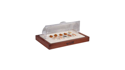 RECTANGULAR WOOD DISPLAY TRAY MARBLE BASE & DOMED PLASTIC COVER